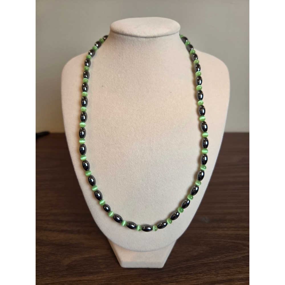 Magnetic Hematite and Green Cats Eye Bead Necklace Gunmetal Oval 17 Inch